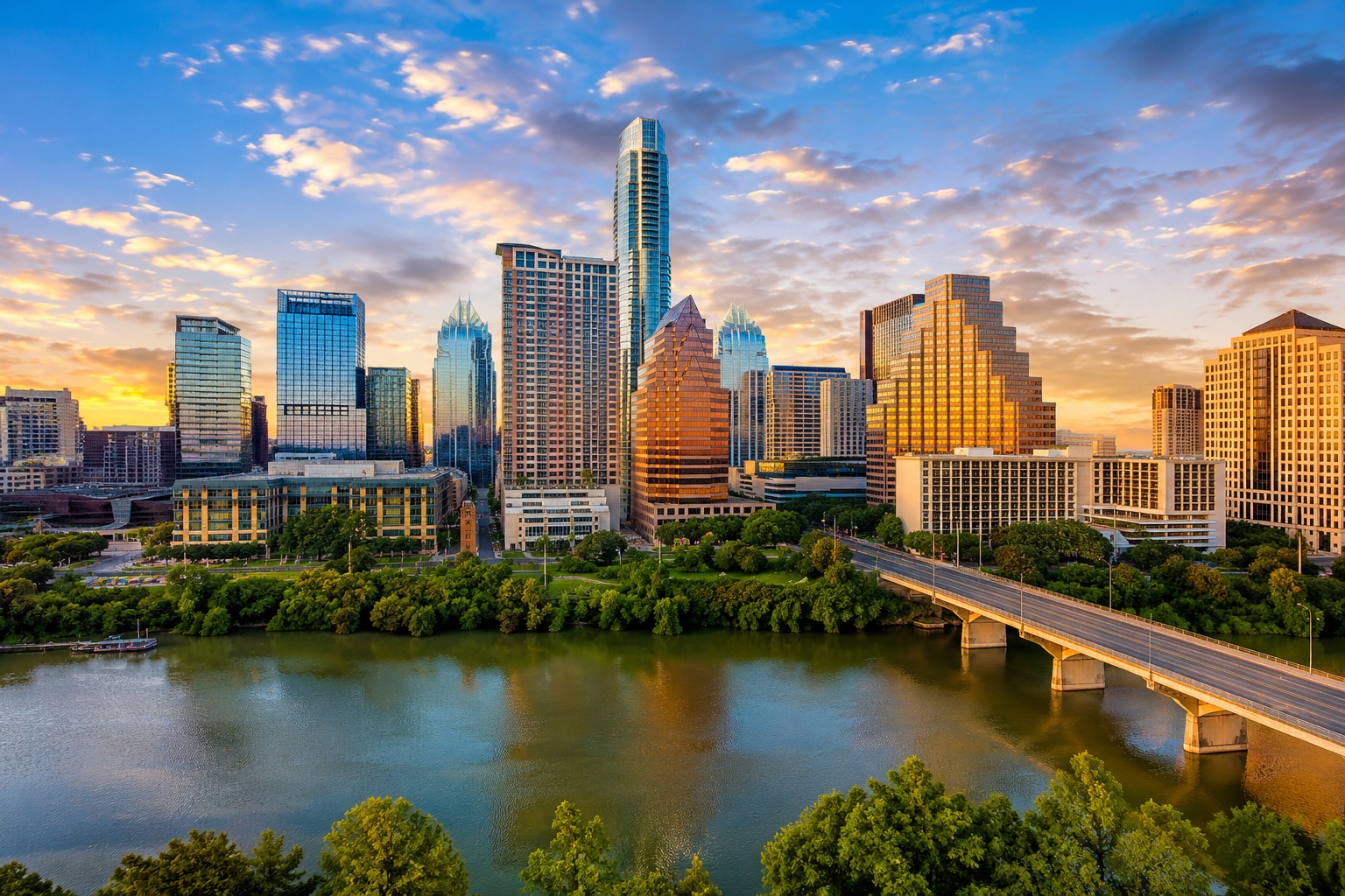 The Austin, Texas skyline along Lady Bird Lake at dusk
