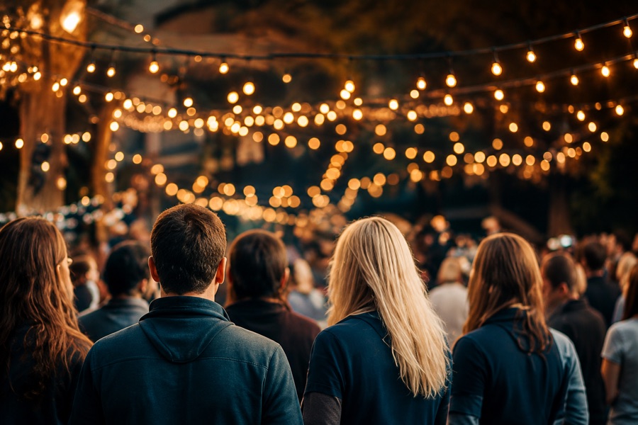 A crowd gathered outdoors under string lights at an evening social